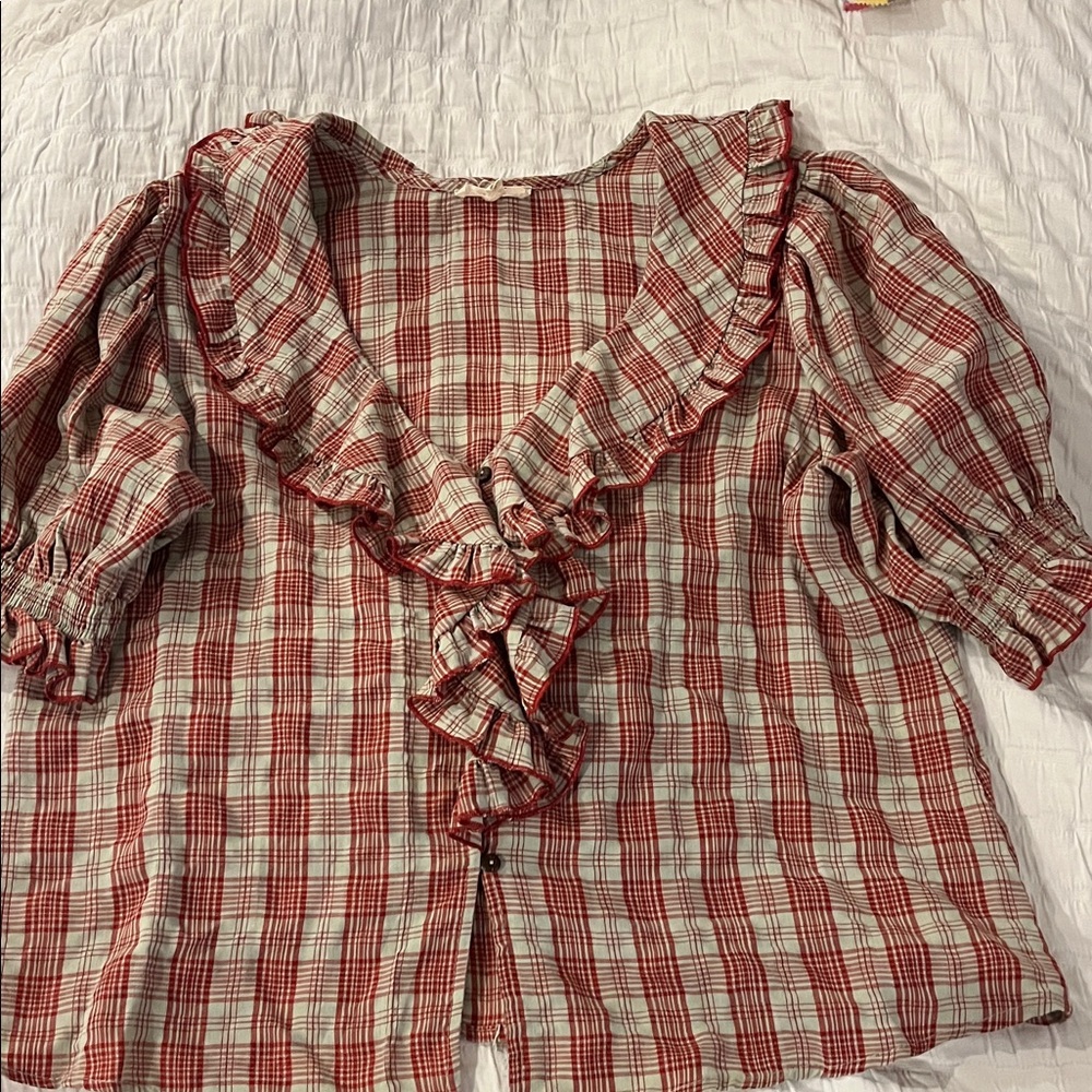 Easel Red and White Plaid Ruffle Blouse